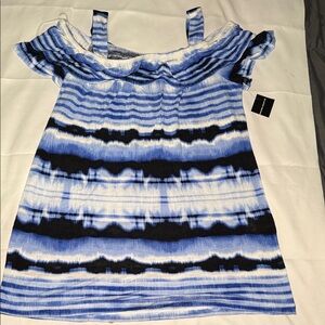 INC International Concepts Blue and Black Striped Off-Shoulder Top